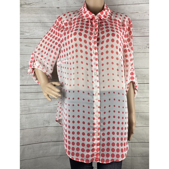 I.N. Studio Blouse XL Sheer White Pink Polka Dot Roll Tab Sleeves - Picture 1 of 12